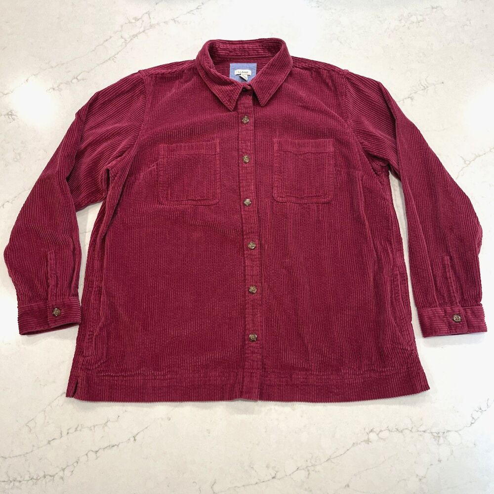 LL Bean Comfort Corduroy Relaxed Shirt Shacket 1X Pockets Button Up Pink Fuchsia